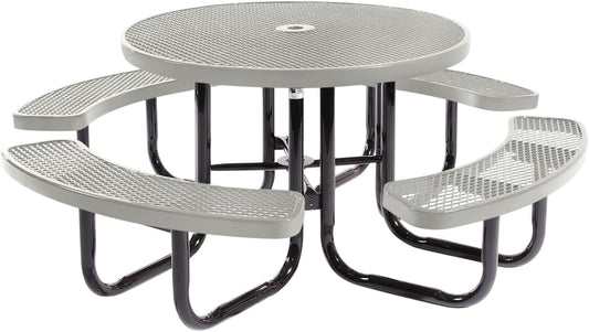 Coated Outdoor Furniture Heavy-Duty Portable Outdoor Picnic Table with Umbrella Hole, Expanded Metal Commercial-Grade Patio Dining Furniture Made in America (46" Round Top, Grey)