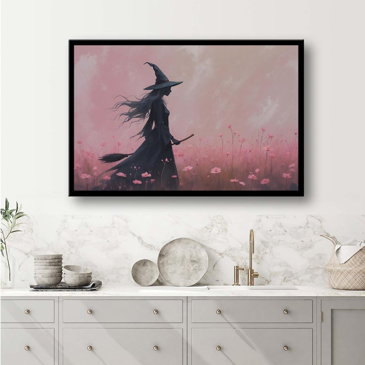 JFHCQJPK Witch in the pink sea of flowers Halloween prints weird flowers wall art silhouette painting fashionable romantic decoration suitable for bedroom20x30in Metal blackFramed
