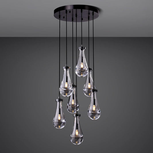 7 Light Raindrop Chandeliers, Bronze Teardrop Cluster Pendant Lights Kitchen Island, Black Dining Room Chandelier Over Table Hanging Pendant Lighting for High Ceiling, Entryway Staircase