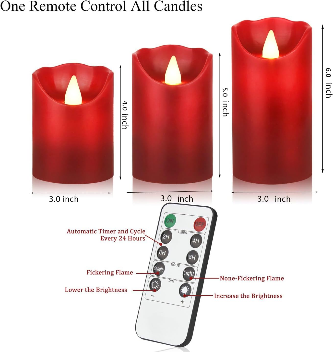 Flameless Battery Operated LED Candles with10key Button Remote Control 24-Hour Timer Set of 3 Electric Flickering Pillar Real Wax，Wedding, Party, Home Decoration (Red)