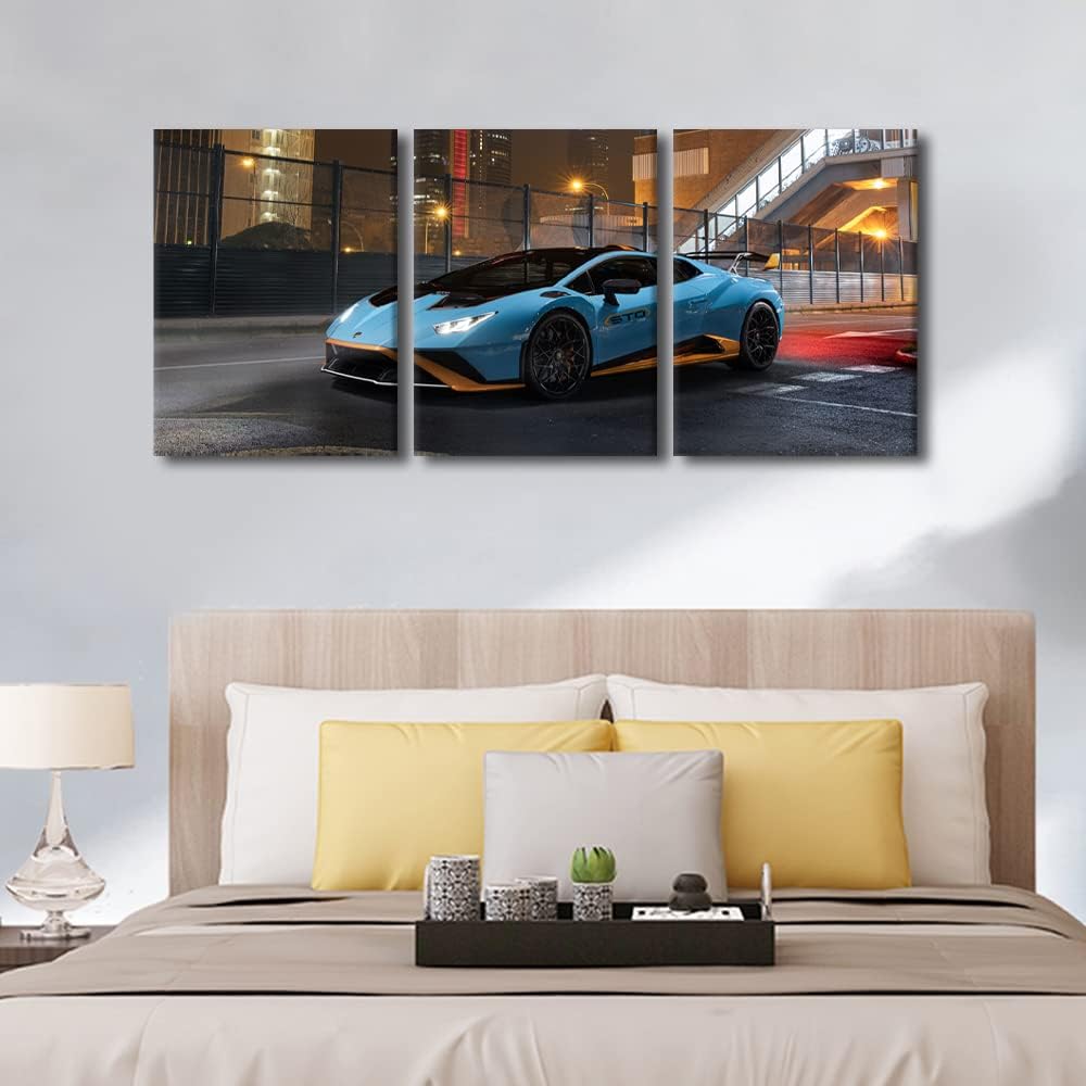 Wall Art for Living Room Blue Sports Car on the Street Canvas Wall Art Hypercar Contemporary Wall Art Posters and Prints Speed Car Modern Artwork Ready to Hang for Men Boys Bedroom Office, 36"Wx16"H