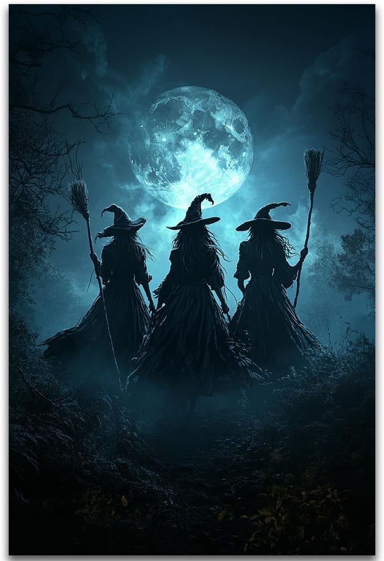 Moonlight Witches Halloween Canvas Art Picture,Three Witches on Broom in Forest Painting Print Gothic Decor,Halloween Witch Poster Witchy Room Aesthetic Bedroom Home Decorations,16"x24" Unframed