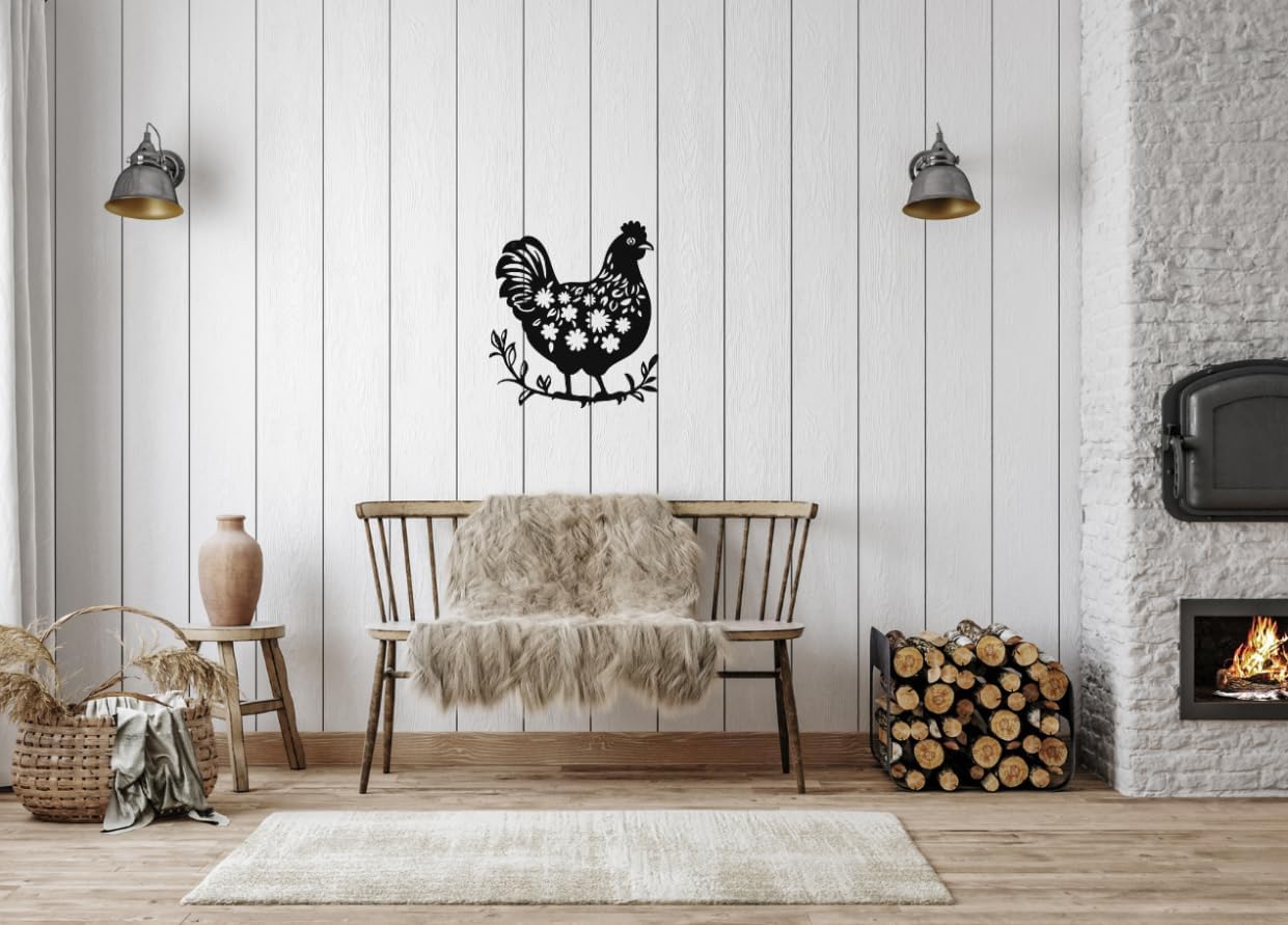SHIMANY Black Metal Wall Art - Chicken Hanging Wall Sculpture for Kitchen, Farmhouse, Entryway, or Bathroom - Rustic Folk Cutout