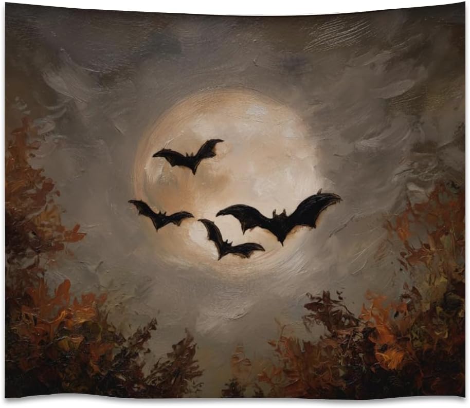 Spooky Halloween Bats Dark Academia Full Moon Autumn Leaves Wall Hanging Vintage Haunted Home Artwork Gothic Witchy Ghost Tapestries for bedroom Living Room Decor 30x40inch