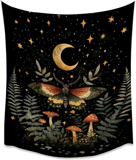 Mystical Moth Mushroom Tapestry Dark Academia Aesthetic Wall Hanging Decor Moon Star Witchy Print Butterfly Enchanted Forest Tapestries for Home Bedroom Living Room Office Decor 30x40inch