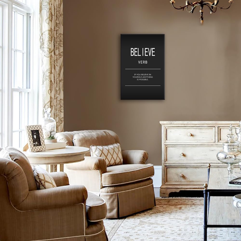 Motivational Office Positive Poster Believe Verb Inspirational Wall Art Printed on Canvas Modern Home Decor Painting Artwork for Living Room Bedroom Picture Stretched and Framed[24" W x 36" H]