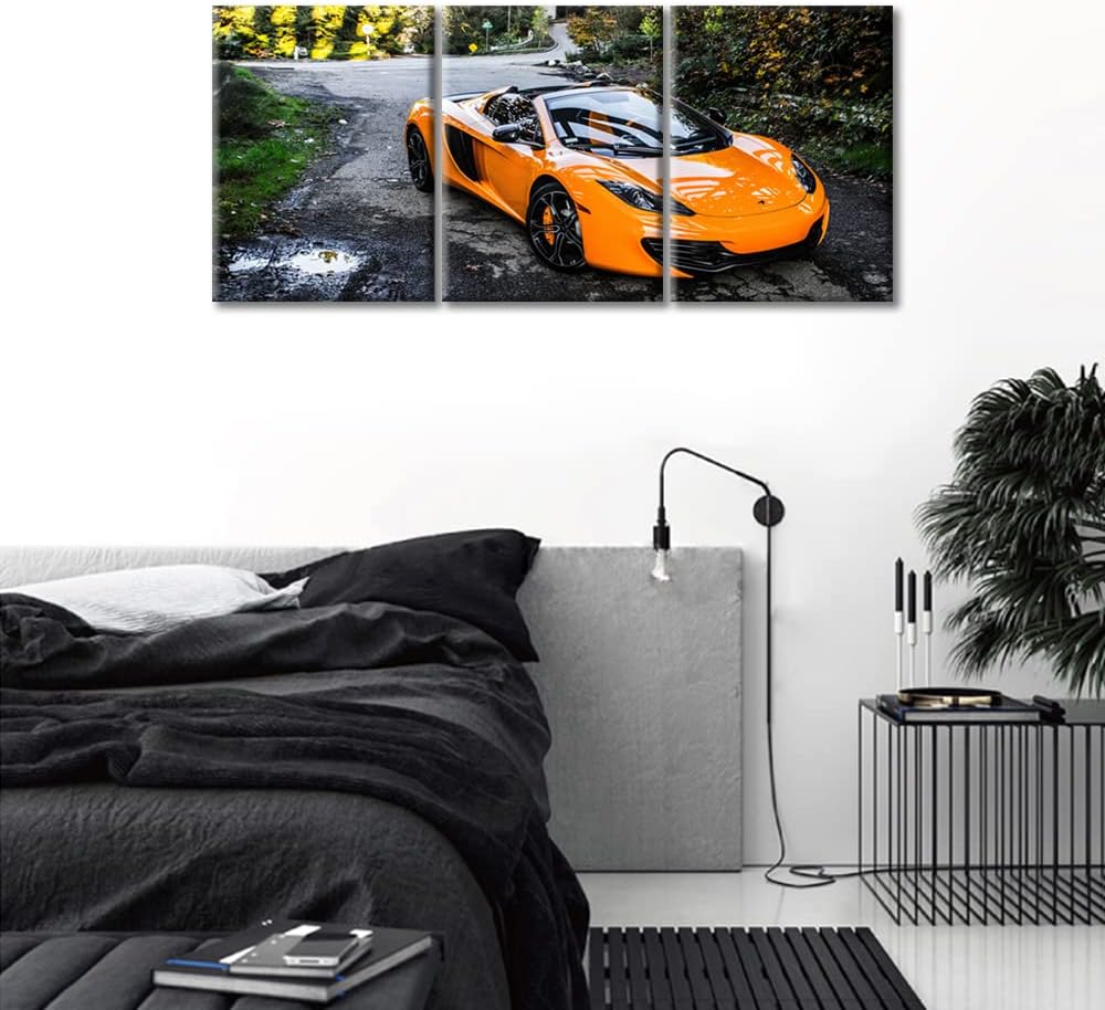 TUMOVO Orange Car Canvas Wall Art for Living Room Cool Sports Car Posters Large Wall Art Modern Artwork Contemporary Home Decor Print On Canvas Ready to Hang for Men Boys Bedroom Office 36" Wx16 H