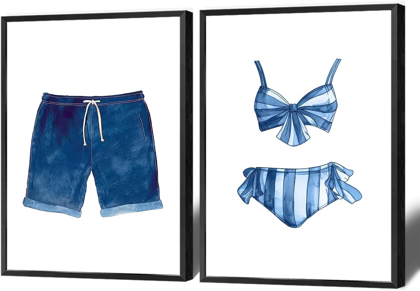 Liyark Set of 2 Retro Navy Blue And White Swimsuit Art Posters Beach Bathing Suit Prints Painting Beach House Wall Art Coastal Wall Decor Pictures For Bathroom Home Decoration 24x36in Framed