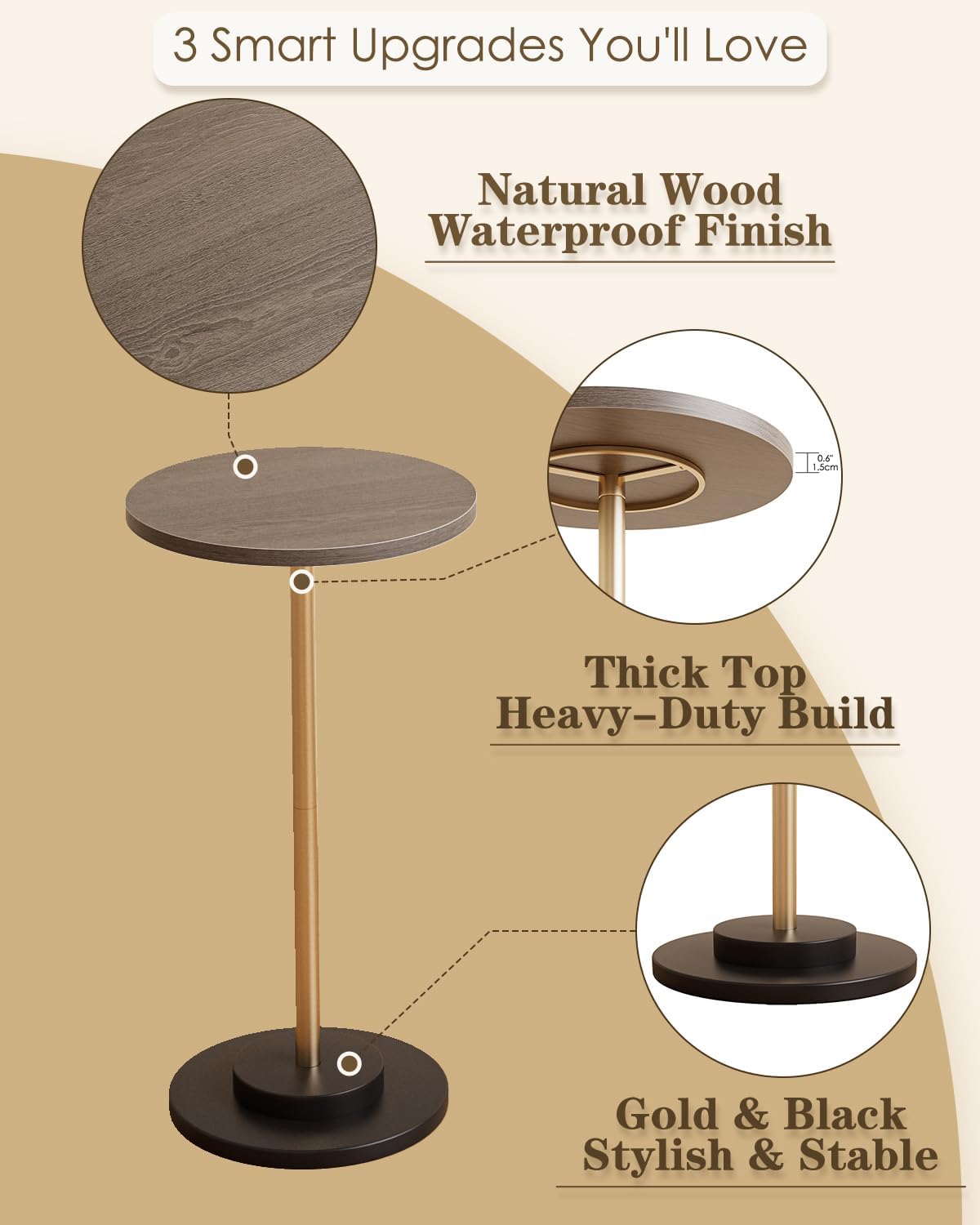 Masupu Drink Table, Round Side Table for Small Spaces, Pedestal Side Table, Small End Table with Metal Base, for Living Room, Bedroom, Bathroom, Grey