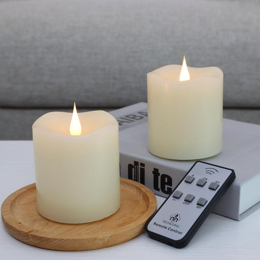 Flameless Candles Battery Operated with Remote Timer, 3D Moving Flame Flickering, Last 600+ Hours Battery Candles, 3" x 3" Ivory Real Wax Electric LED Candle for Wedding Party, Set of 2
