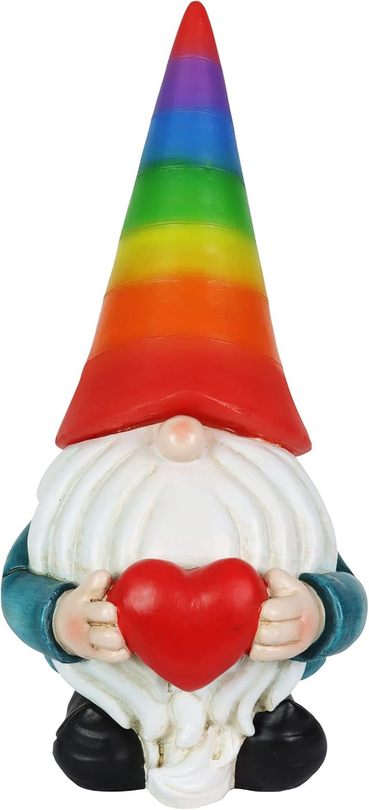 Exhart Garden Gnome, Solar Garden Gnome Statue with Heart, LED Rainbow Hat, Cute Outdoor Garden Decoration, 6 x 12.5 Inch, Multicolor, Resin