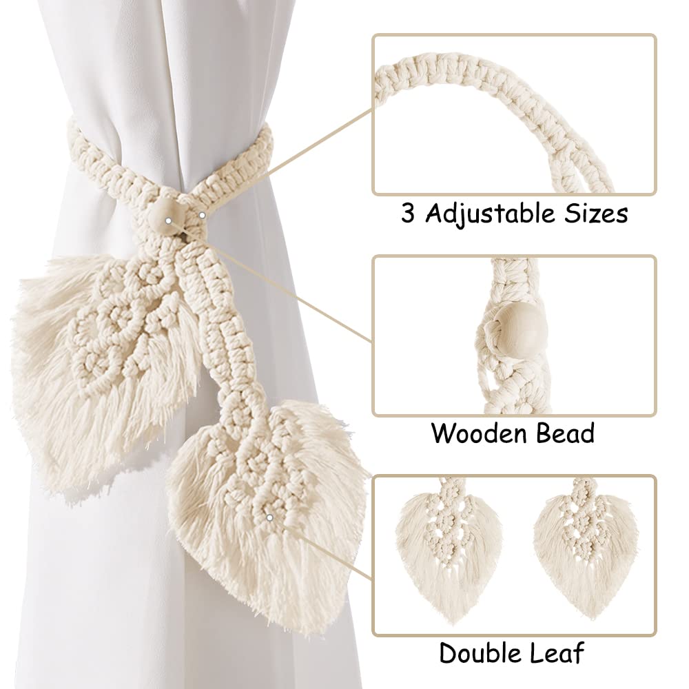 2-Pack Boho Cotton Curtain Tiebacks with Handmade Double Leaves & Adjustable Wood Beads (Beige)