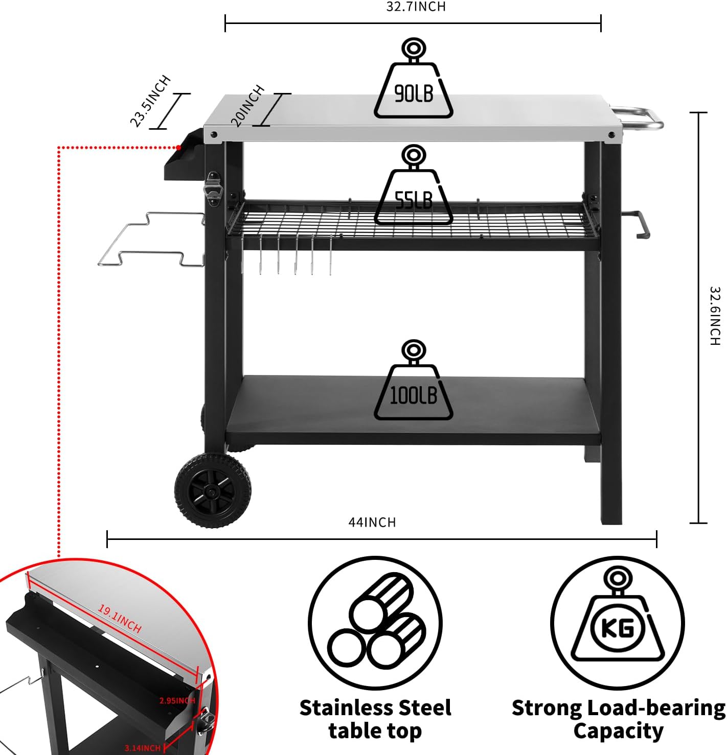 Grill Cart Table with Three Shelf, Movable Outdoor Dining Cart Pizza Oven Stand with Three Hooks, Kitchen Cart Island Multifunction Food Prep Table (Sliver)