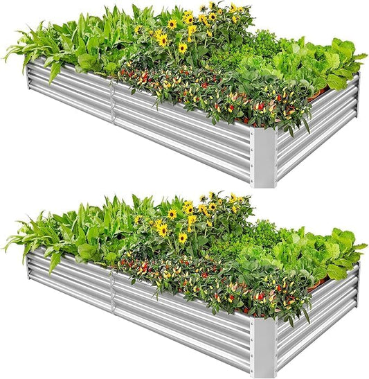 Land Guard 2 Pack 8×4×1ft Galvanized Metal Raised Garden Bed, Metal Planter Kit Box Outdoor for Deep-Rooted Vegetables, Flowers, Green and Herbs…