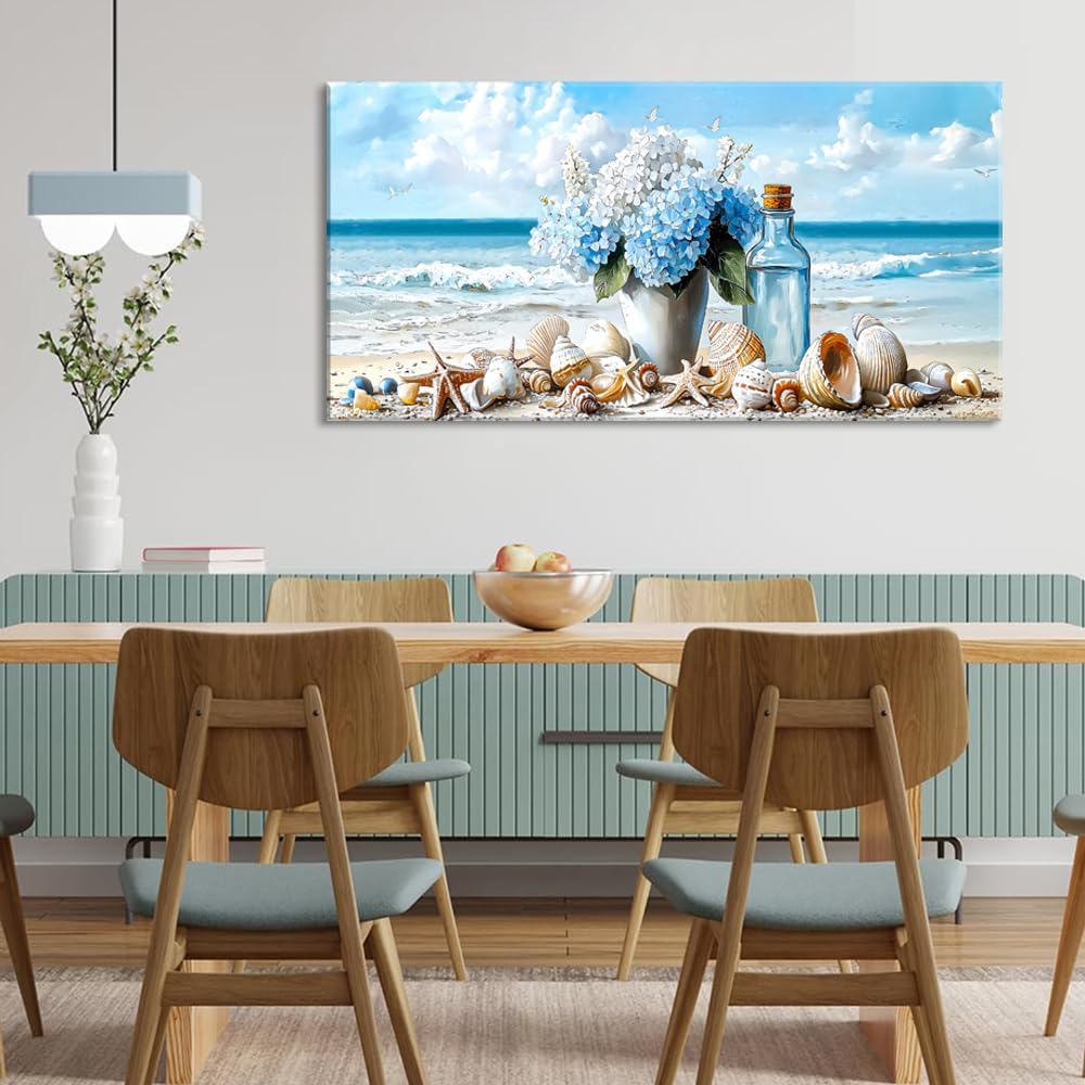 LASMOND Romantic Beach Wall Art for Living Room Blue Shells Conch Vase Canvas Prints Modern Large Flower Bottle Bedroom Ocean Artwork Decor (30x16 Inches)