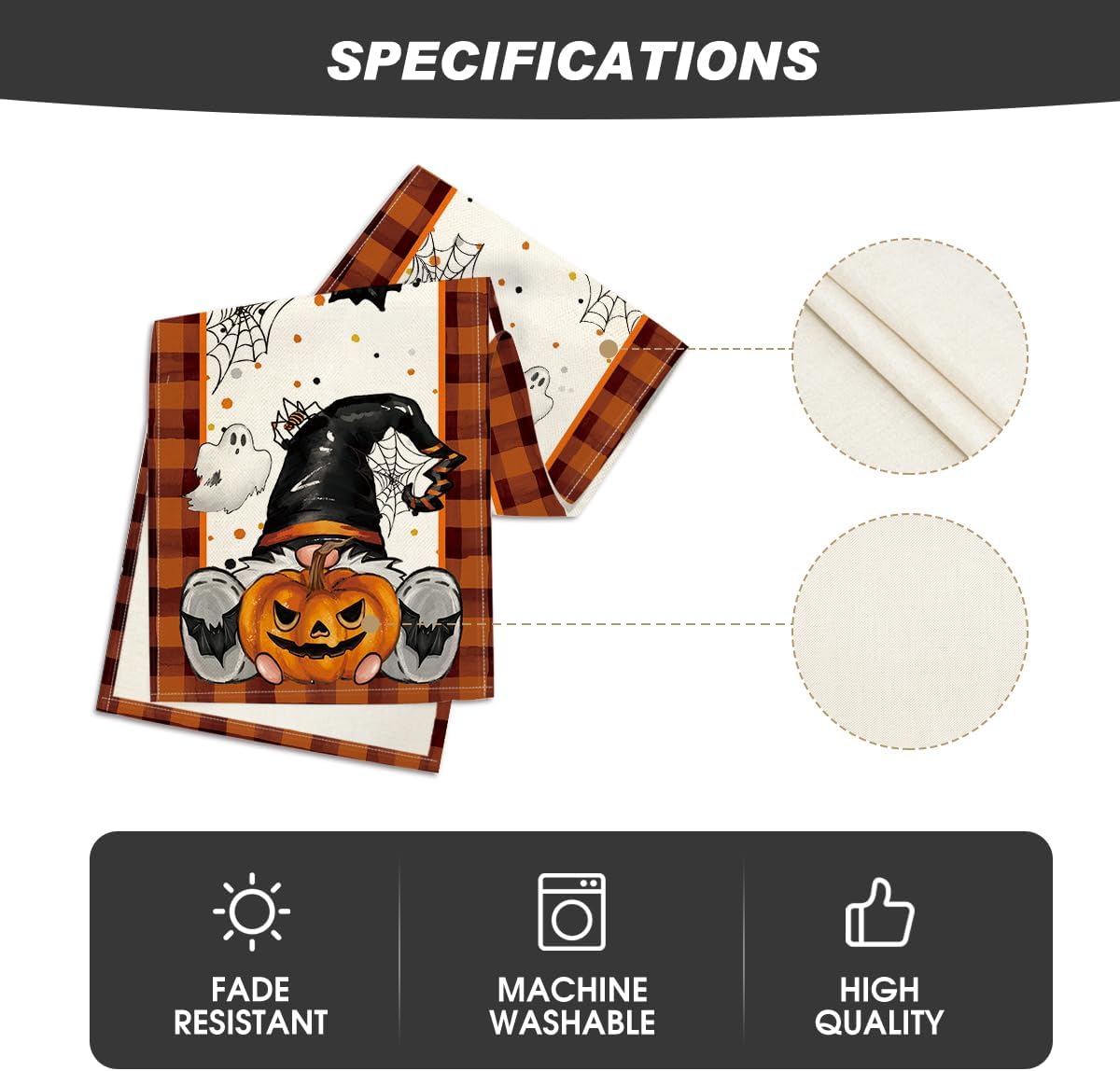 Artoid Mode Orange Black Buffalo Plaid Gnome Bat Pumpkin Ghost Halloween Table Runner, Sensonal Kitchen Dining Table Decor for Home Party 13 x 72 Inch