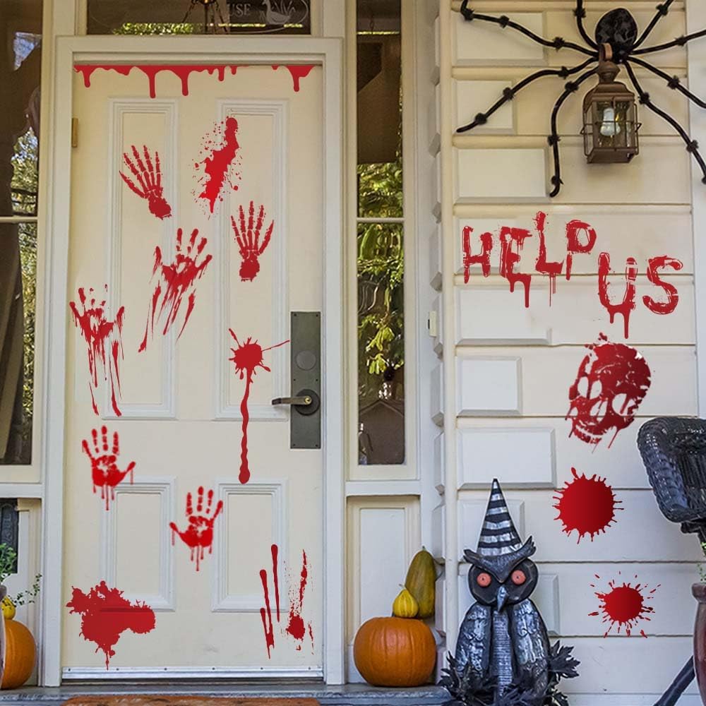 PartyGarden Halloween Decorations - 8 Sheet 86 Pcs Halloween Bloody Handprint Footprint Window Clings Wall Decal Floor Stickers for Inside Outside Home Door Scary Party Décor