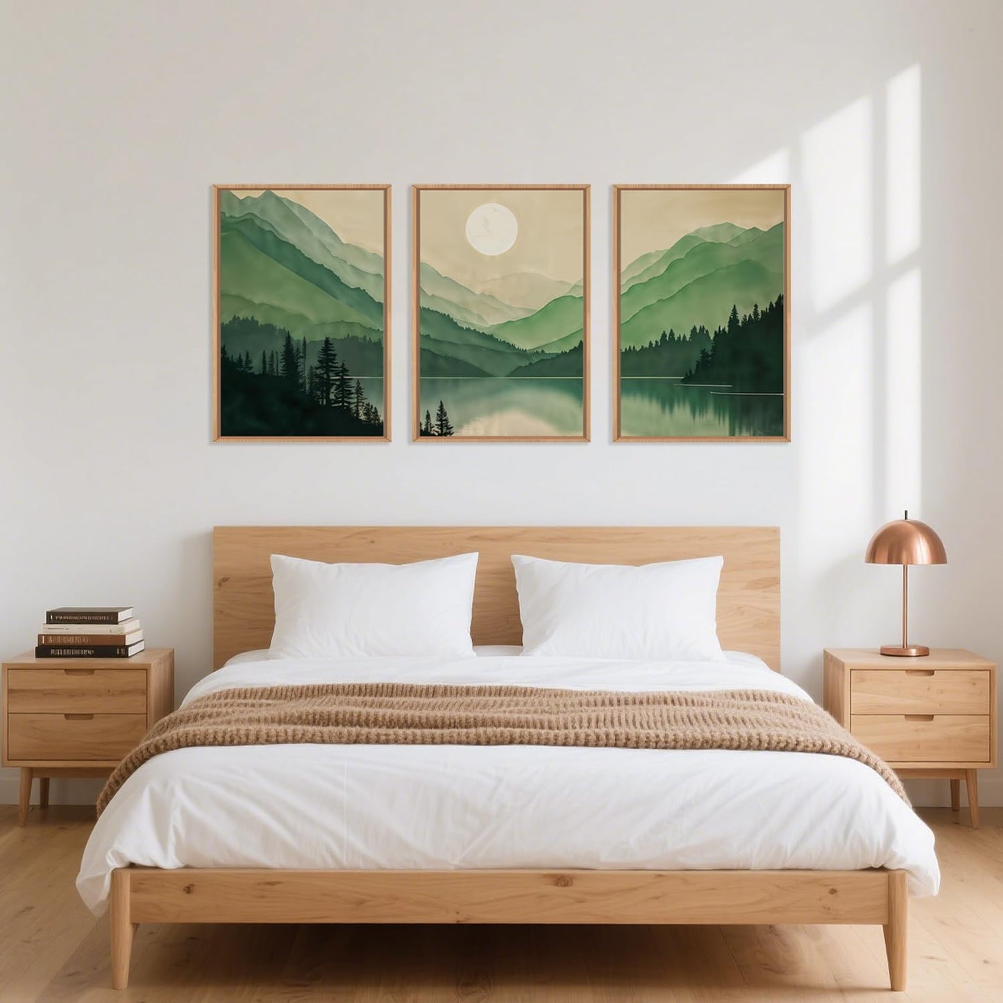 Celestdeco Watercolor Mountains Framed Canvas Wall Art Set, Boho Sun Forests Wall Decor, Green Scenery Wall Painting, Modern Woodland Artworks for Living Room, Bedroom, Dining Room, Office - 16"x24"x3