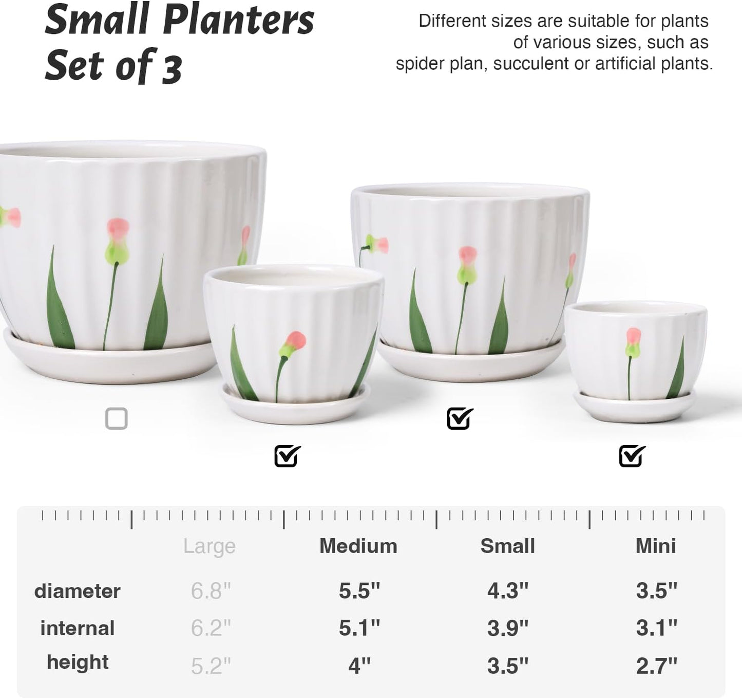 Ceramic Plant Pots with Drainage Holes and Saucers, Round White Flower Pots for Indoor Plant, Diameter 3.3/4.3/5.5 Inches Small Flower Planters Set of 3