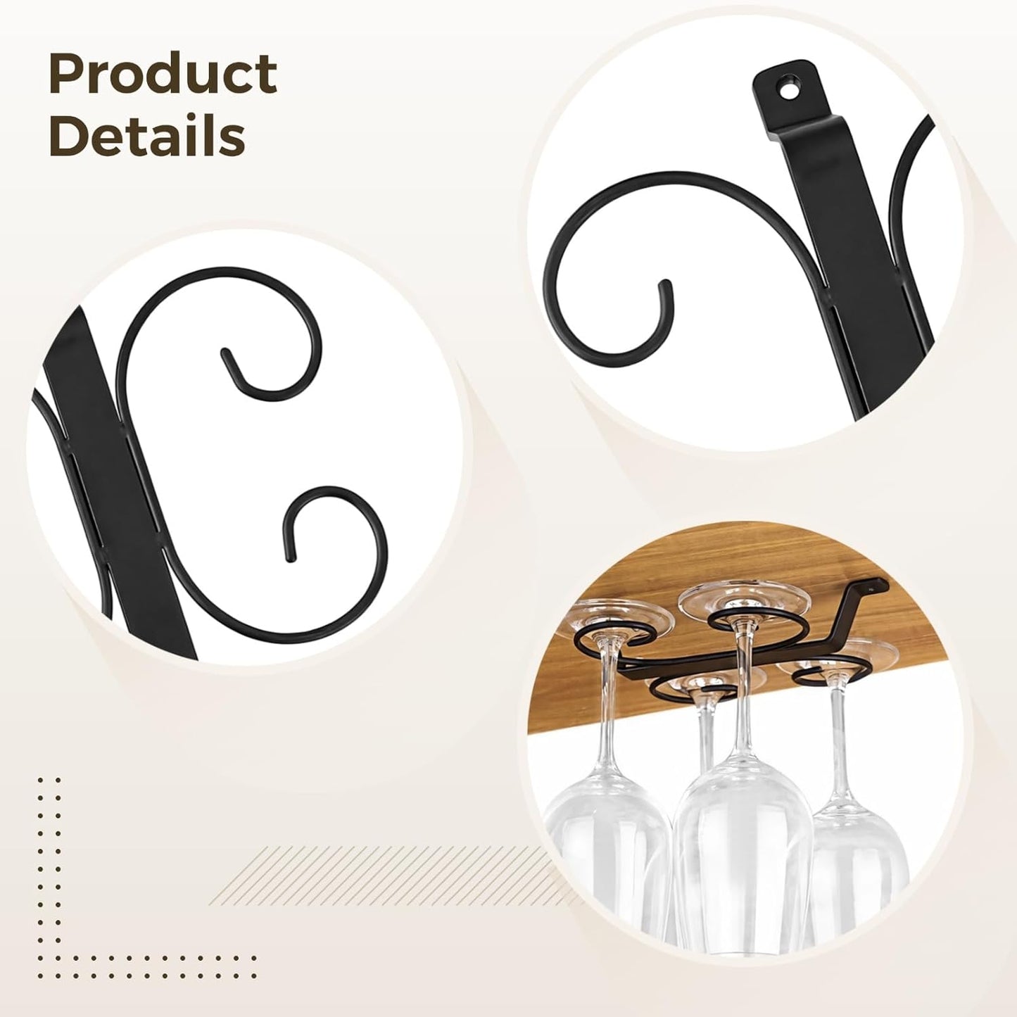 2 PCS Hanging Wine Glass Rack, Iron Wine Glass Drying Rack, Under Cabinet Wine Holder, Holds 4 Glasses, Black, Stylish Roll Design
