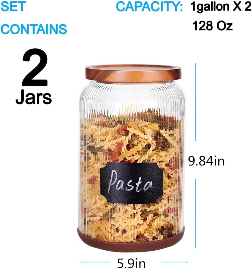 SAIOOL 2-Pack Striped Borosilicate Glass Airtight Canisters - Big mouth Large Capacity, Acacia Wood Lid, Food Storage Jars for Flour, Pasta, Pantry Organization (1 Gallon （2 Striped pack）)