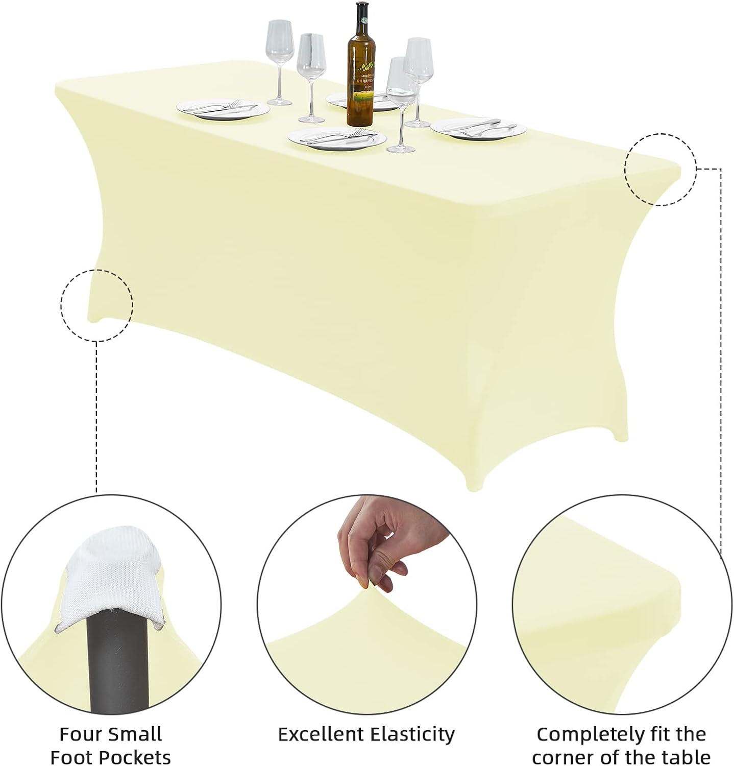 CWK 8FT Waterproof Stretch Spandex Table Cover for Rectangular Tables - Elastic Fitted Tablecloth for Folding Tables,Wrinkle Resistant Table Cloth for Parties, Weddings, Banquets & Events (Beige)