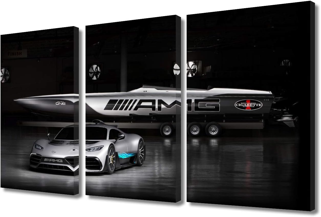 TUMOVO 3 Pieces Black and White Sport Car Canvas Giclee Print Painting Picture Wall Art Home Decor Gifts for Boy Room Ready to Hang - 12 x 24 inch x 3 Panels