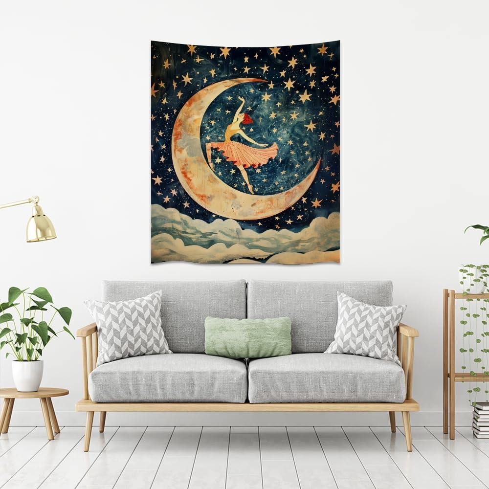 Dancer on the Moon Tapestry Starry Night Sky Art Print Dark Academia Gothic Aesthetic Wall Hanging Stars Moon Clouds Tapestries Whimsical Wall Decor for Nursery Bedroom 70x90inch