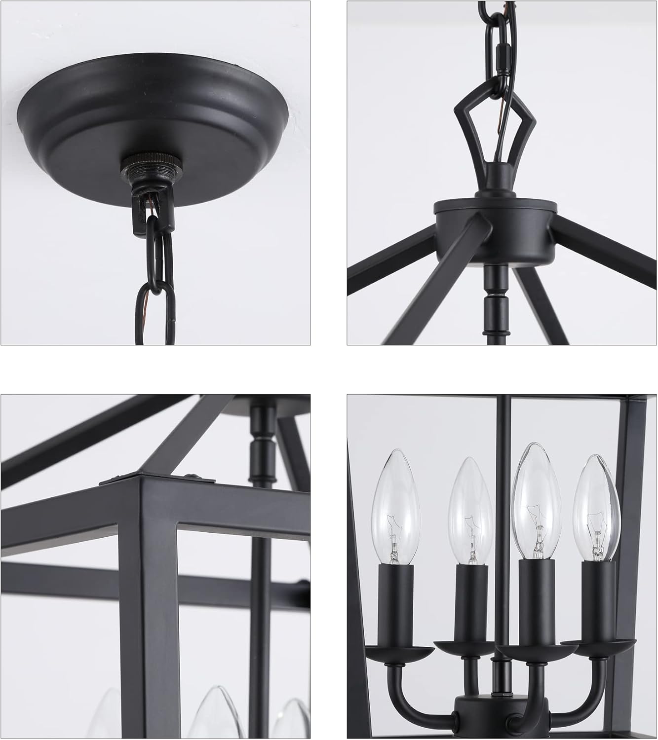 AMZASA Farmhouse Rustic Black Lantern Chandelier Hanging Light Fixture 4-Lights for Kitchen Island Dining Room Hallway Entryway Foyer UL Listed