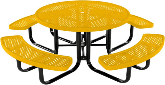 Heavy-Duty Portable Outdoor Kids Table with Umbrella Hole, Punched Steel Kids Picnic Table, Commercial-Grade, Made in America (46 in, Round, Childrens, Textured Yellow)