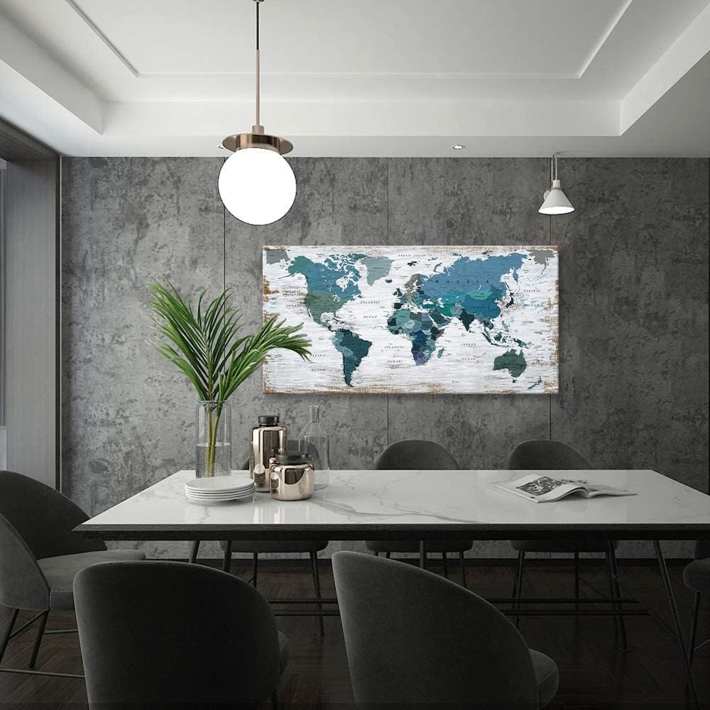 lagre Teal Decor 36inchx71inch World Map Canvas Wall Art Pictures for Living Room Decoration Blue Wall Decor Office World Map Art Map of the world Picture Framed Artwork for Home Bedroom Decoration