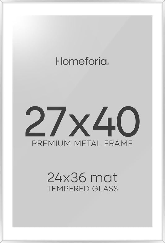 Homeforia Silver 27x40 Poster Frame, Metal Picture Frame with 24x36 Mat, Tempered Glass, Wall Hook Included, Set of 1