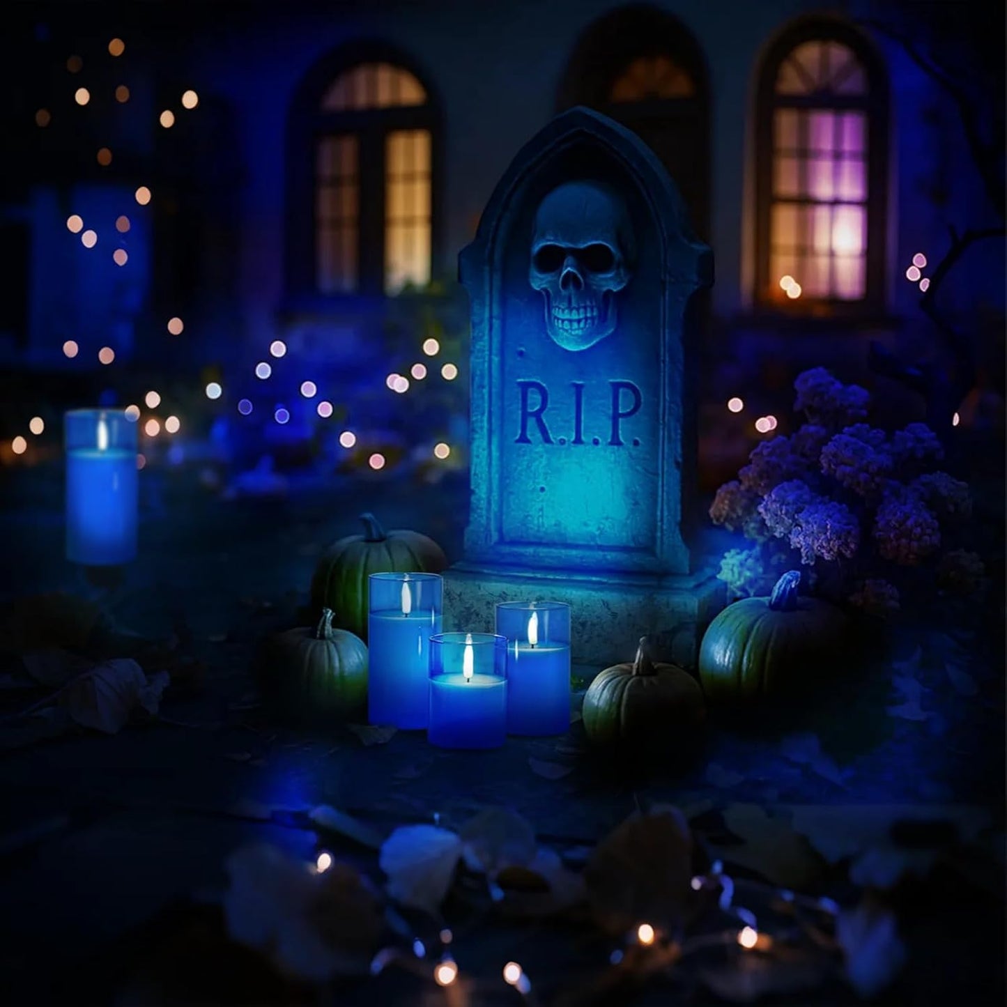 Amagic Blue Glass Flameless Candles with Remote, Battery Operated Candles, Real Wax LED Candles with Timer, Flickering Fake Pillar Candle for Theme Party, Hanukkah Holiday Decor, 3D Wick, Set of 3