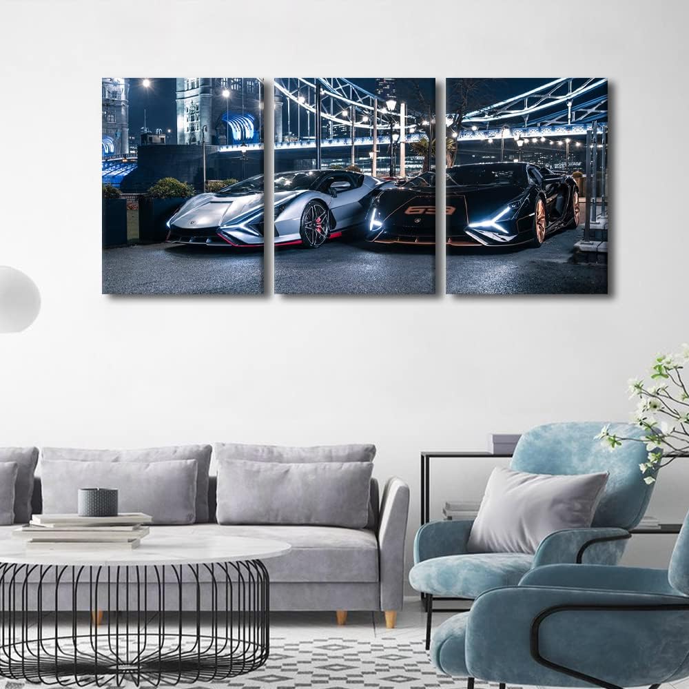 Wall Art for Living Room Black and White Sports Car Bedroom Wall Decor Super Car Wall Paintings for Office Speed Car on the Road Print On Canvas Modern Artwork Stretched Ready to Hang, 36"Wx16"H