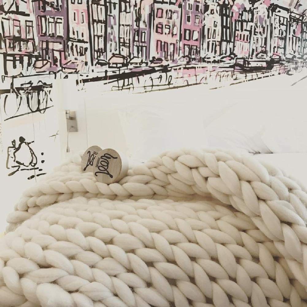 Chunky Knit Merino Wool Throw Blanket (Ivory White,60"x80")