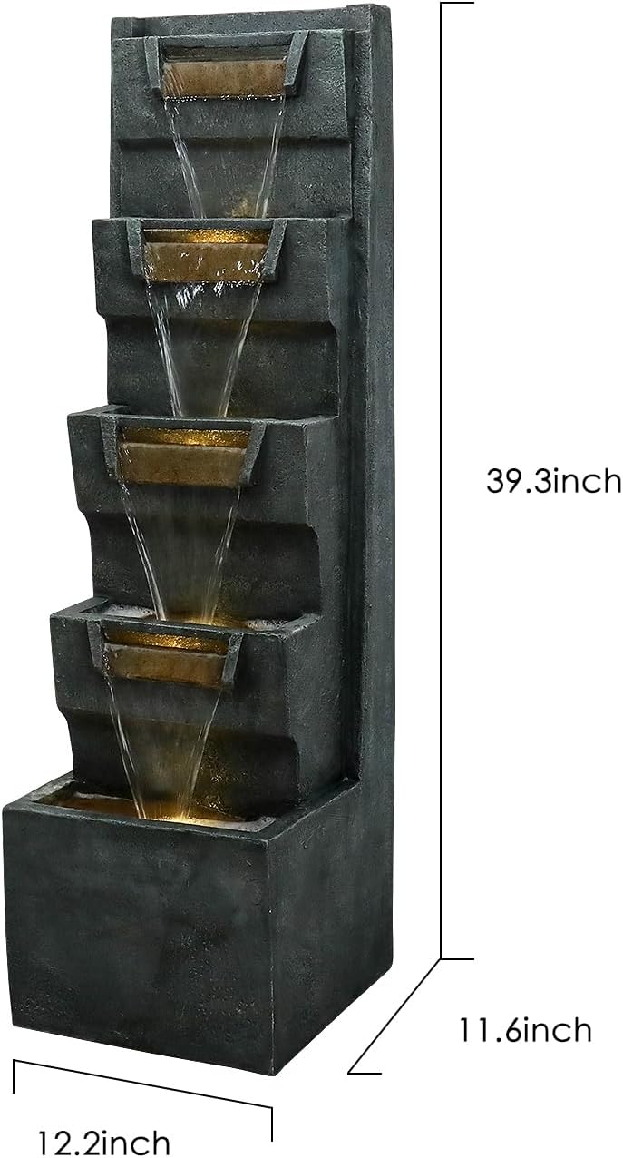 SunJet 4-Tiers Modern Cascading Indoor/Outdoor Fountains and Waterfalls with LED Lights - 39.3" High Large Water Fountain for Garden, Patio, Yard, and Deck Decor - Relaxing Water Fountain Outdoor
