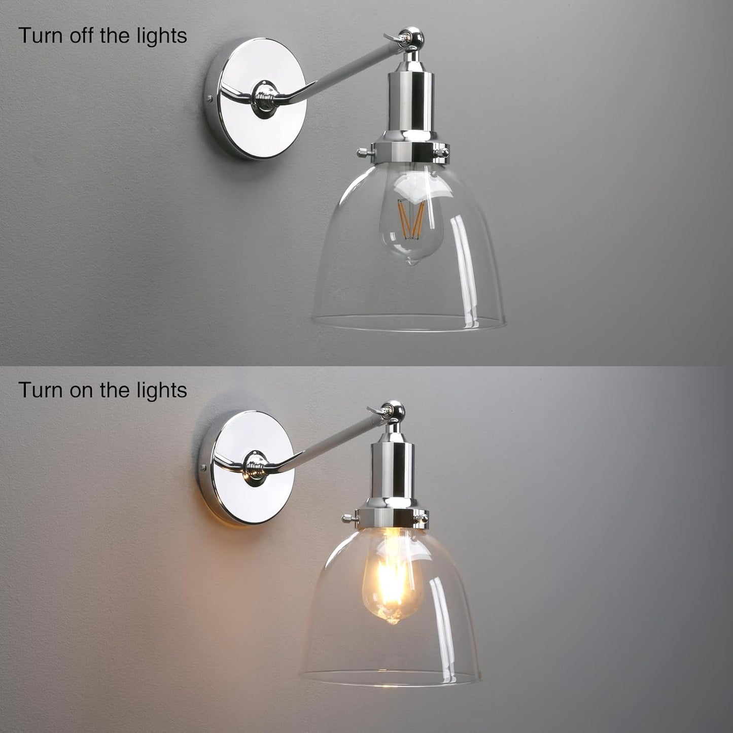 PERMO Industrial Vintage Wall Sconce Chrome Wall Sconce with 6.7" Oval Dome Clear Glass Shade Light Lamp Fixture