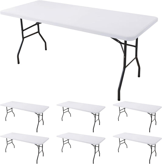 Fitted Tablecloth for 6 Foot Rectangle Tables-6 Pack White Elastic Outdoor Picnic Table Cover-Spandex Stretch Folding Table Cloths 6 ft for Camping Dining Room Patio Kitchen Banquet Party