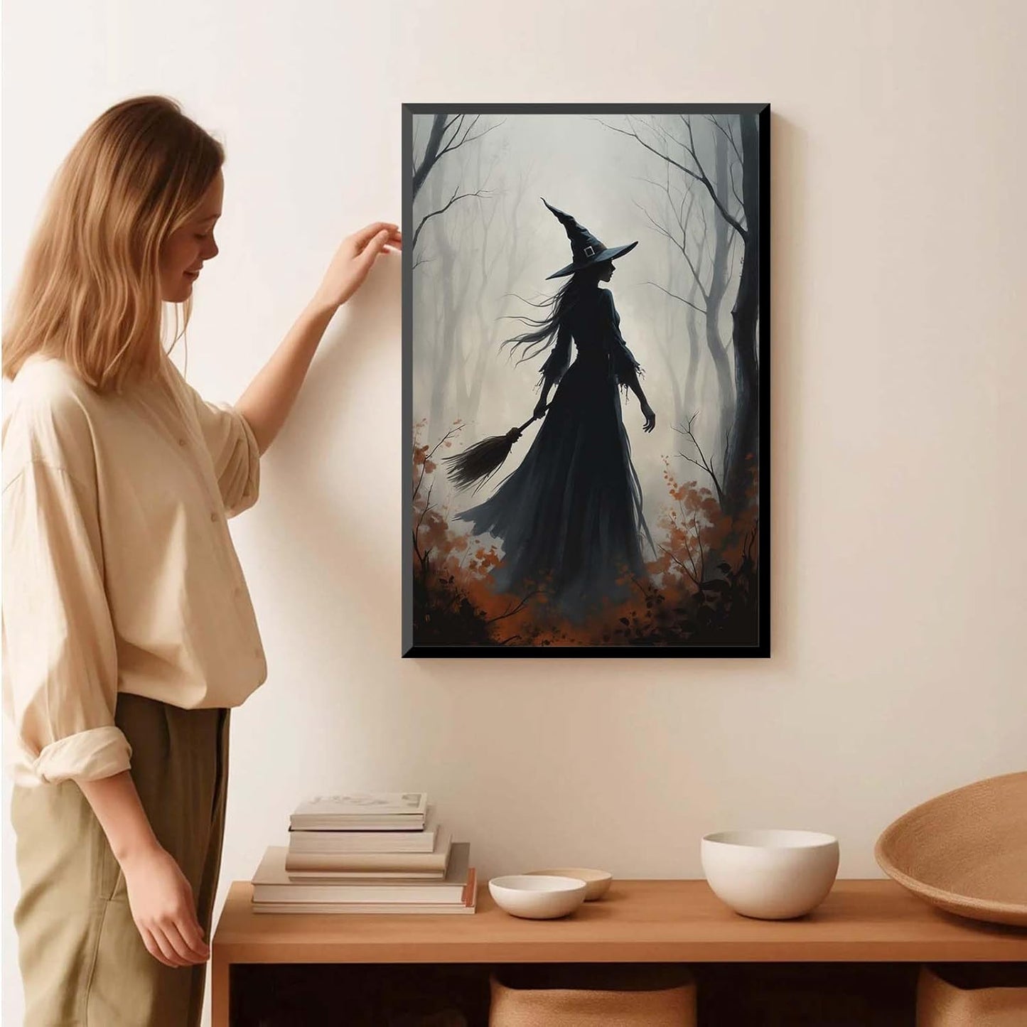 JFHCQJPK Vintage forest witch silhouette poster Halloween mural poster decoration mural art magic suitable for home living room bedroom16x24in Metal blackFramed