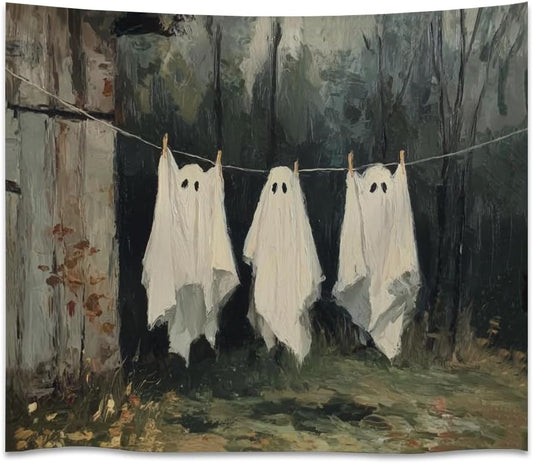 Vintage Halloween Tapestry Funny Ghosts on Clothesline Tapestry Wall Hanging Farmhouse Gothic Room Decor Spooky Ghost Prints for Dark Academia Halloween Party House Decoration Tapestries 30x40inch