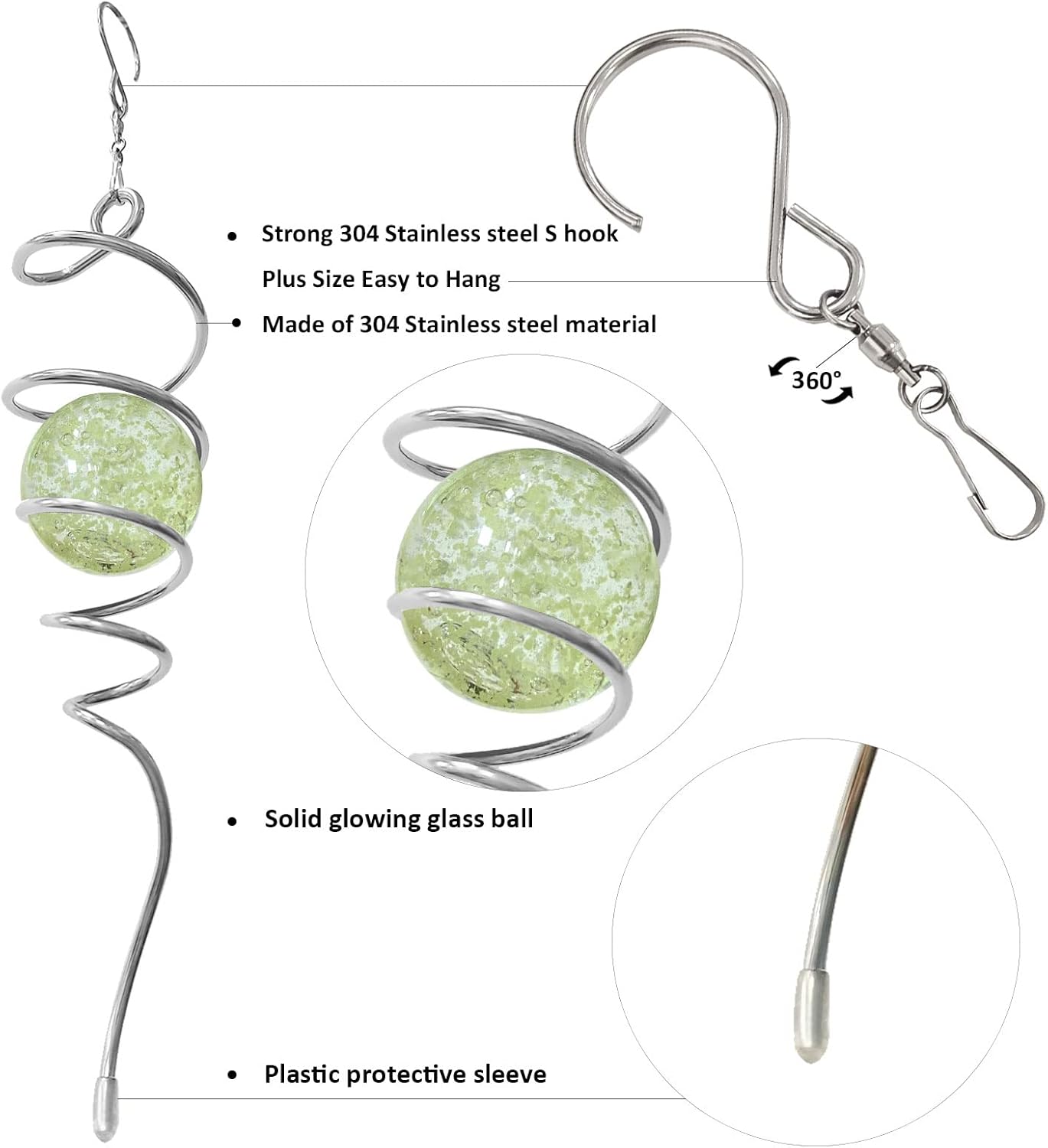 Glow in The Dark Wind Spinner Tail Gazing Ball Spiral Decorative Spiral Tail Wind Spinner Stabilizer Sun Catcher,Indoor Outdoor Hanging Art Garden Decoration Wind Sculpture Stabilizer-13in