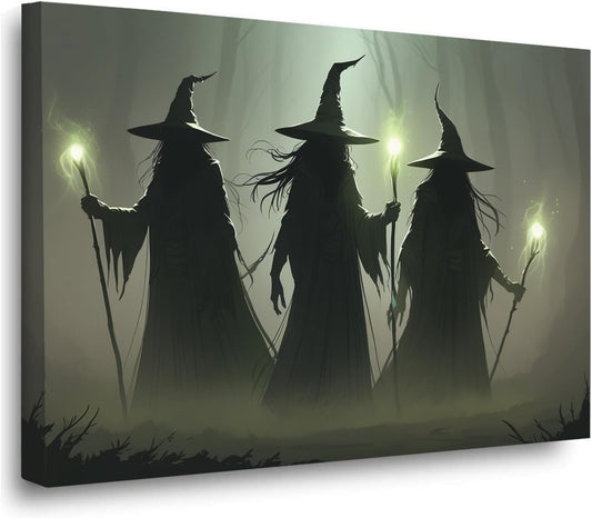 Vintage 3 witches canvas wall decor melancholy dark Halloween poster wall decor holding a staff print Gothic horror Halloween painting print for living room bedroom8x12in Wood Framed