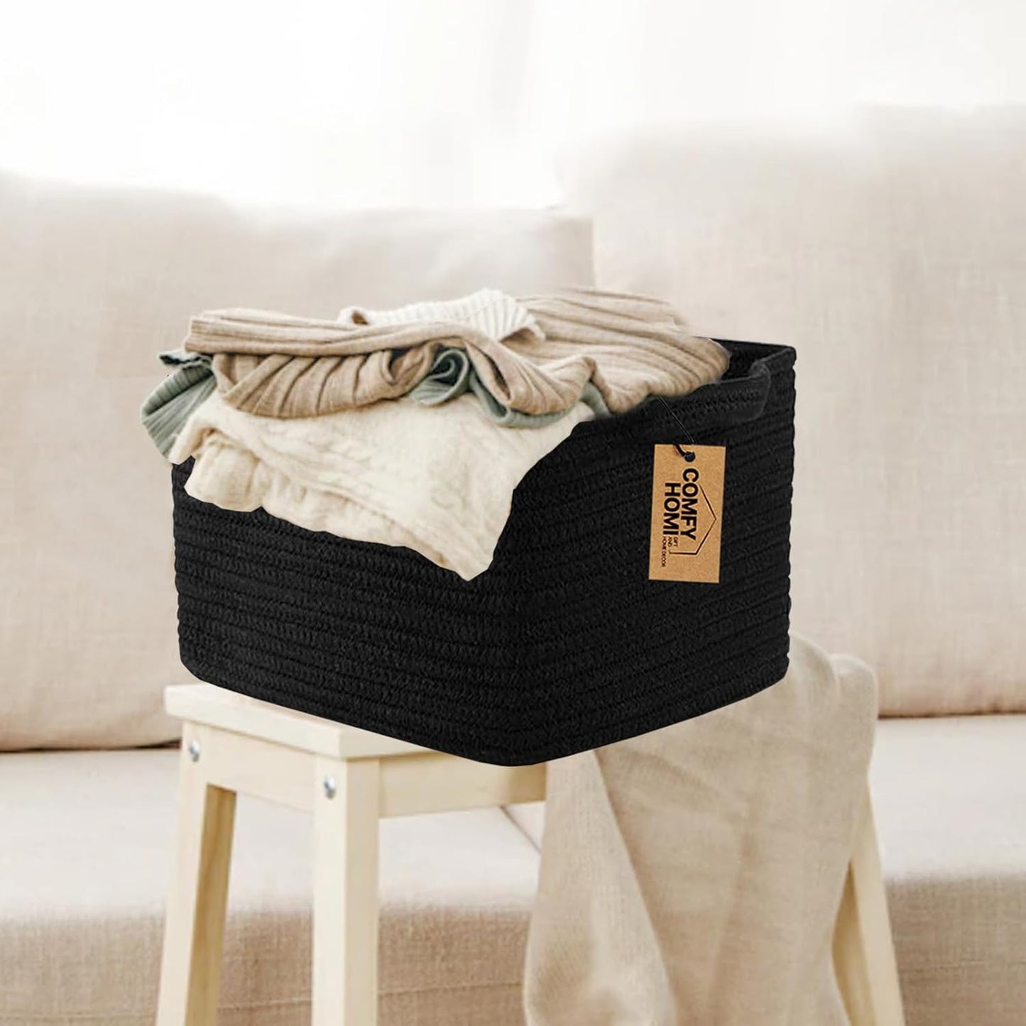 COMFY-HOMI Storage Basket for Shelves, Woven Baskets for Storage, Cotton Rope Basket,Toy Storage Organizer, Storage Cube Bin, Organization and Storage, Towel Baskets for Gift Empty, All Black