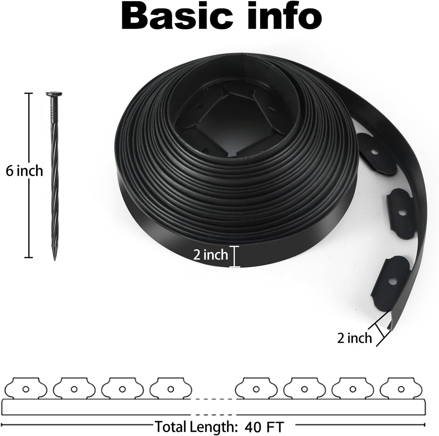 LINSHRY Landscape Edging, 40FT No Dig Garden Edging Border Kit with 48pcs Spikes, 2 Inch Tall Plastic Lawn Edging for Landscaping, Flower Bed, Grass, Yard