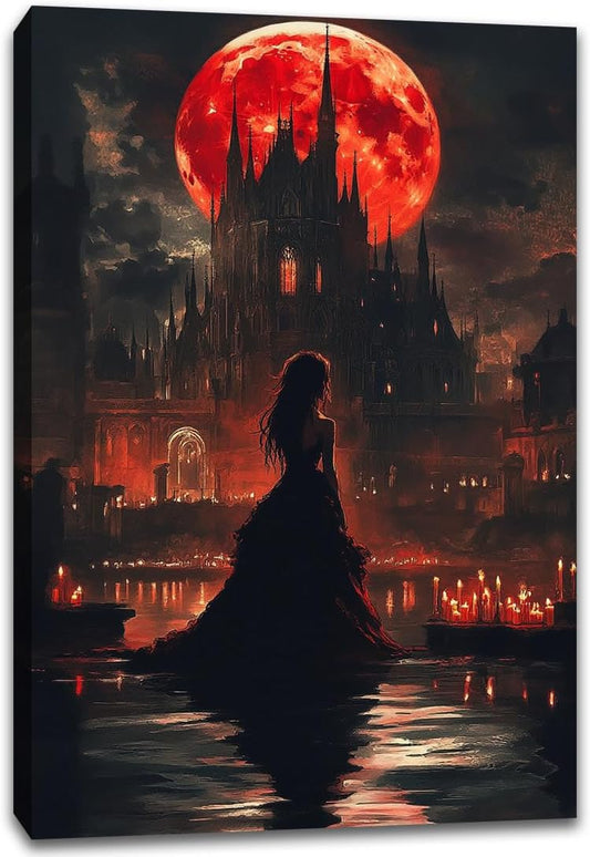 Halloween Witch Poster Canvas Prints Art Vintage Decor,Red Castle Blood Moon and Witch Scene Gothic Painting,Rustic Dark Academia Wall Art for Bathroom Spooky Living Room Wall Decor,16"x24" Framed