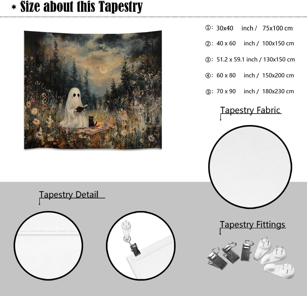 Halloween Ghost and Black Cat Tapestry Wall Hanging Spooky Ghos Reading Book in Wildflowers Wall Decor Halloween Witchy Room Aesthetic Tapestries for Goth Living Room Bedroom Decoration 60x80inch
