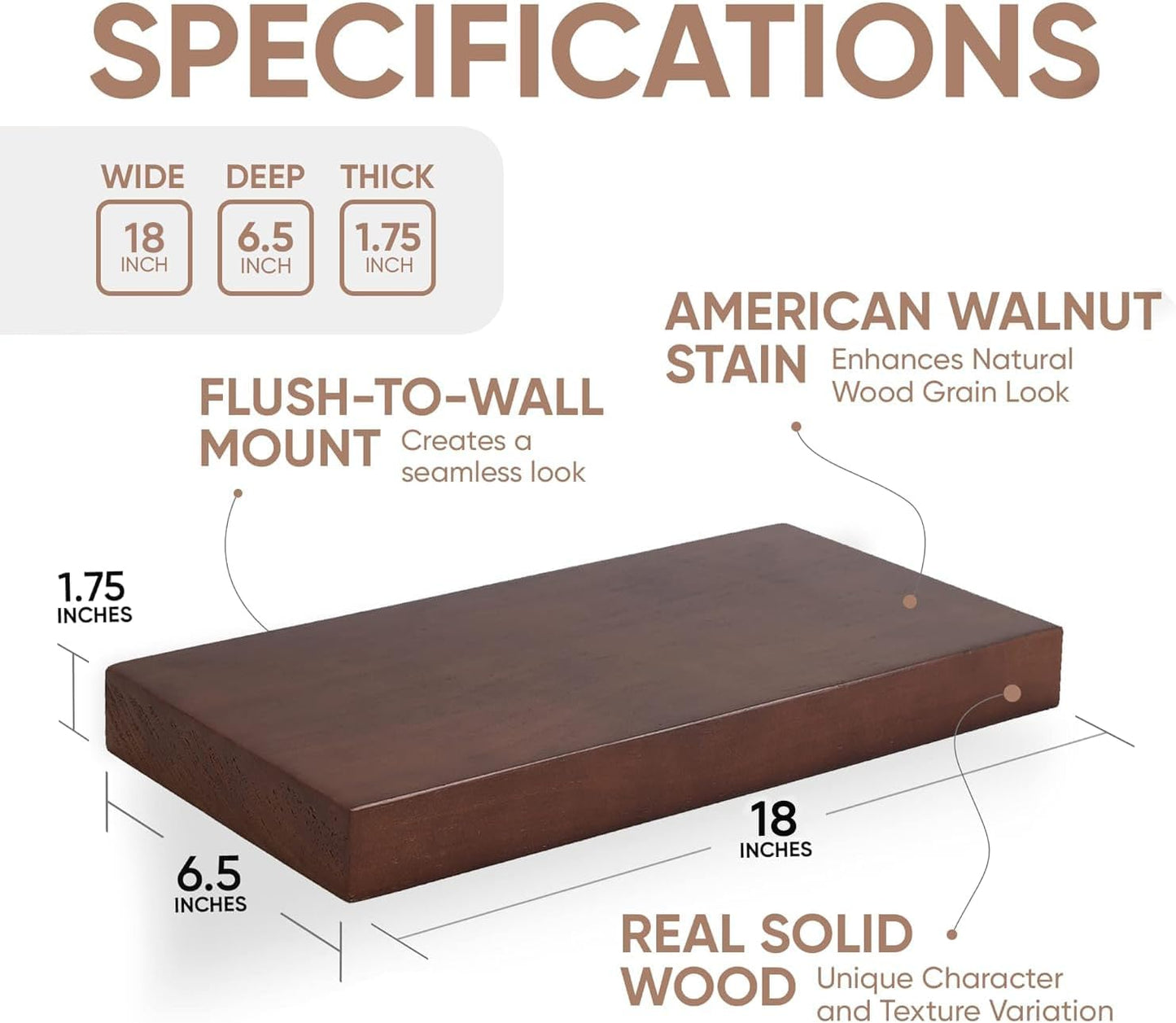 Homeforia Walnut 18 inch Floating Shelf, High End Solid Real Wood 18inch Floating Shelves for Wall Mounted, Dark Brown 18 inches Long Floating Shelves, Heavy Duty Bracket, 18 X 6.5 X 1.75 in, Set of 2