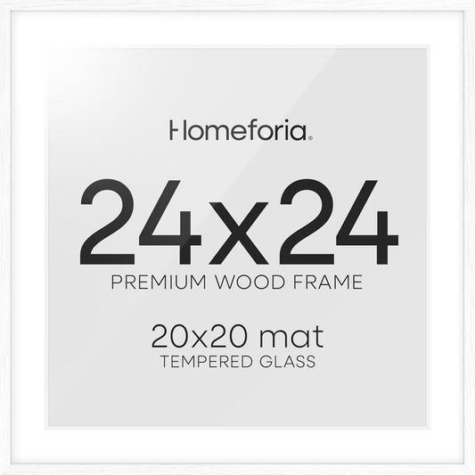 Homeforia 24x24 White Picture Frame, High End Oak 24 x 24 Square Wood Frames with Mat 20 by 20 inches Photo, 24by24 White Wooden Poster Frames Matted to 20x20 Print, Tempered Glass, Wall Kit, Set of 1