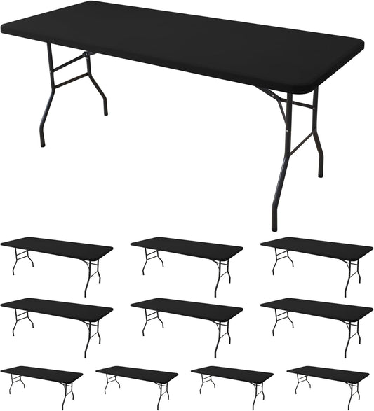 Stretch Table Cover for 4ft Rectangle Tables-10 Pack Black Spandex Table Cloths with Elastic-Stretchy Folding Outdoor Picnic Tablecloth for Camping Dining Room Patio Kitchen Banquet Party