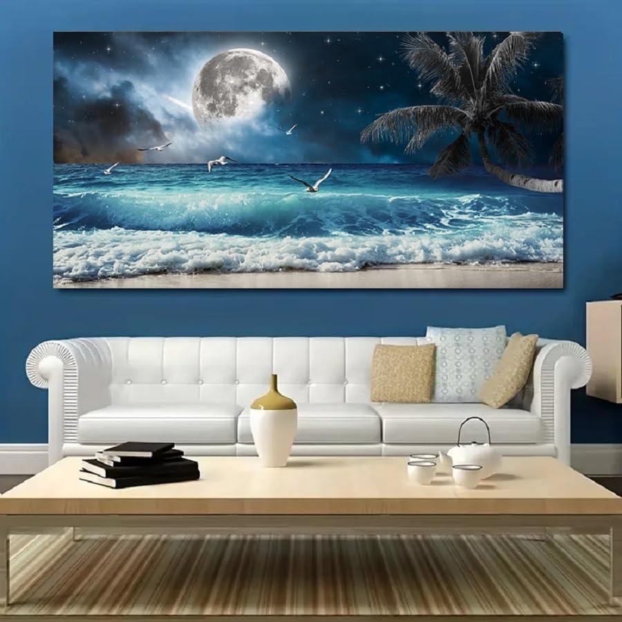 Yxbhhym large Moon Ocean Wall Art Seascape Painting Sea Pictures Canvas Wave Blue Beach Artwork for Wall Landscape Poster Prints Palm Wall Decor Bedroom Living Room Decor Framed-24x48inches